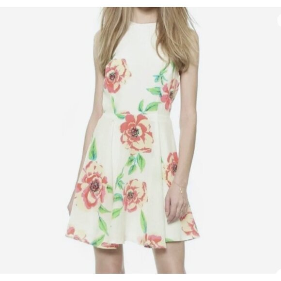 Yumi Kim White Rosebud Floral Happy Hour Silk Flare Dress Size L - Picture 1 of 13